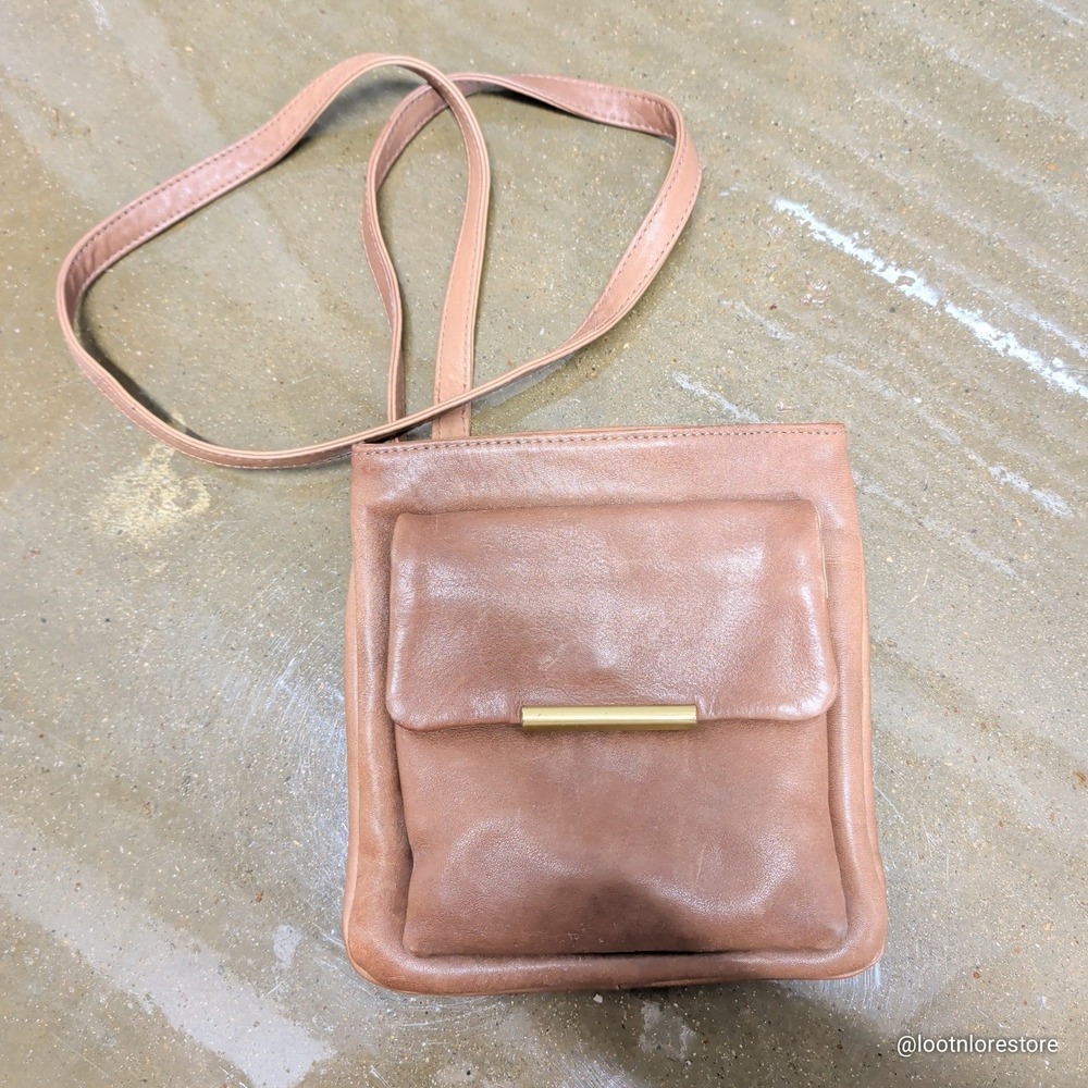 Nine West Leather Crossbody Bag Tan Small Square Front Flap Pocket Gold Hardware